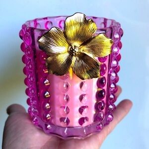 Pink Glass Candle With Gold Flower